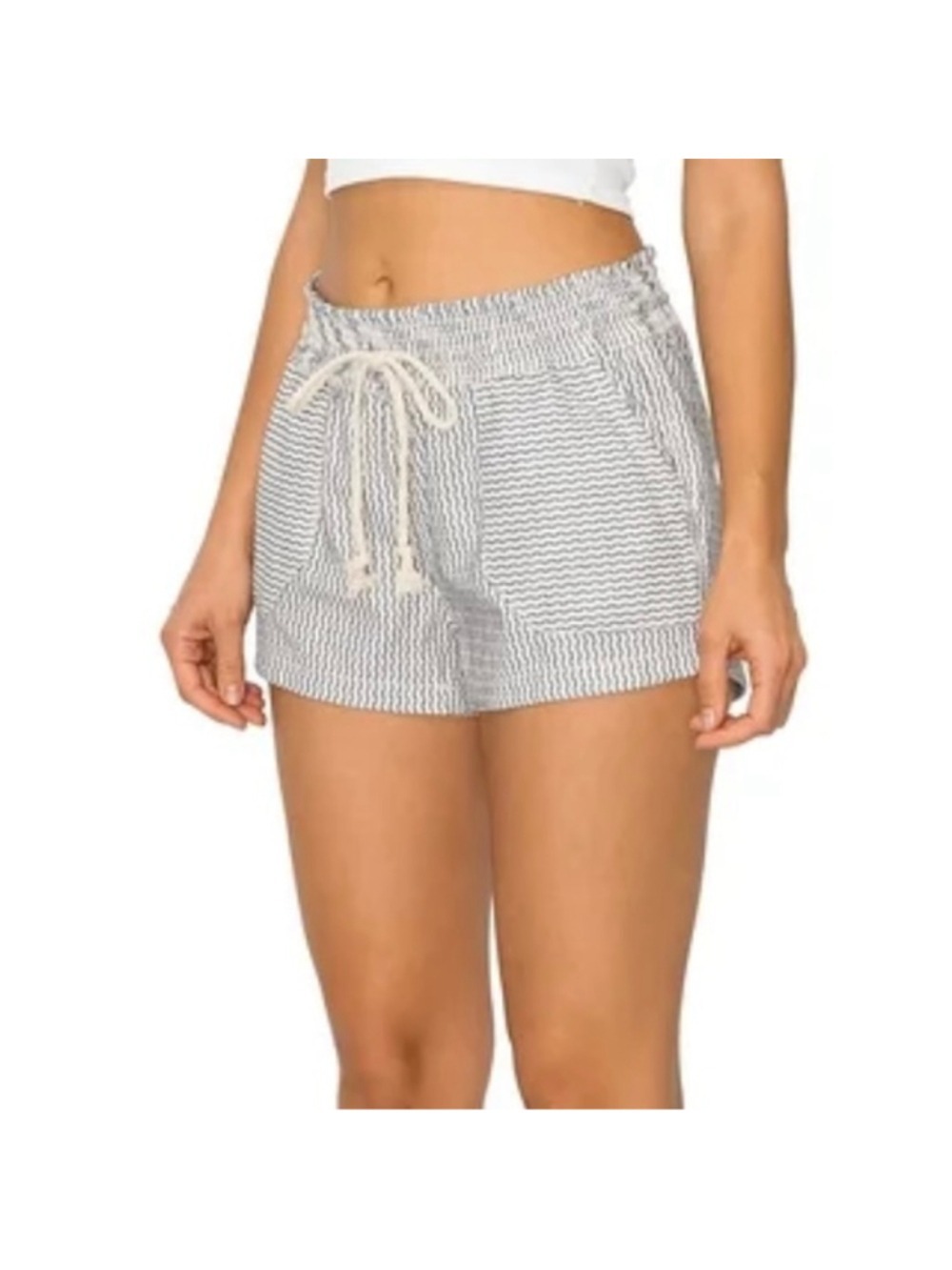 Cali 1850 Linen Wave Print Striped Drawstring Shorts Off White Black Striped XS